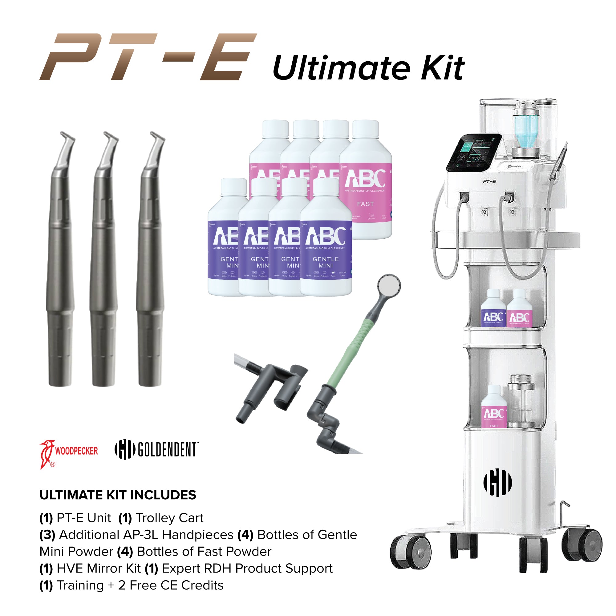 Woodpecker PT-E Ultimate Kit — air polisher, ultrasonic scaler, mobile cart & powder bundle - Woodpecker - GoldenDent
